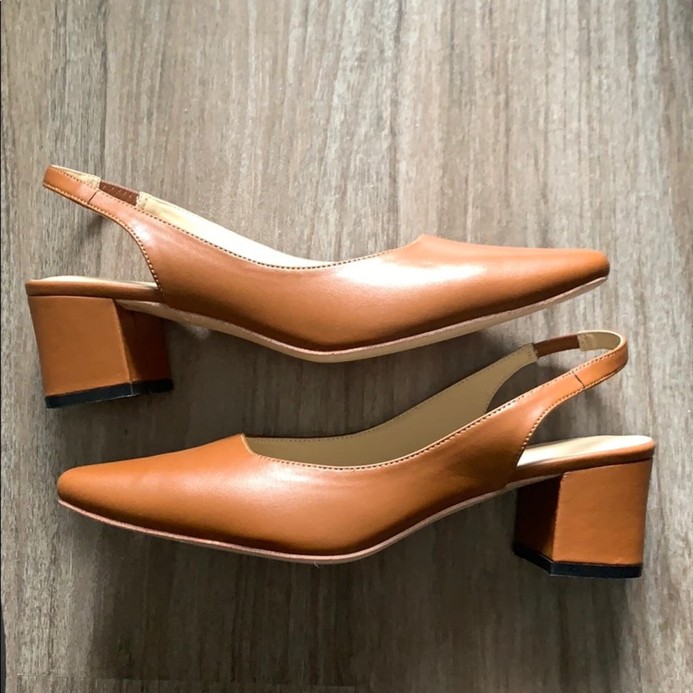 SOLD - Tan block heels w/ elastic ankle strap